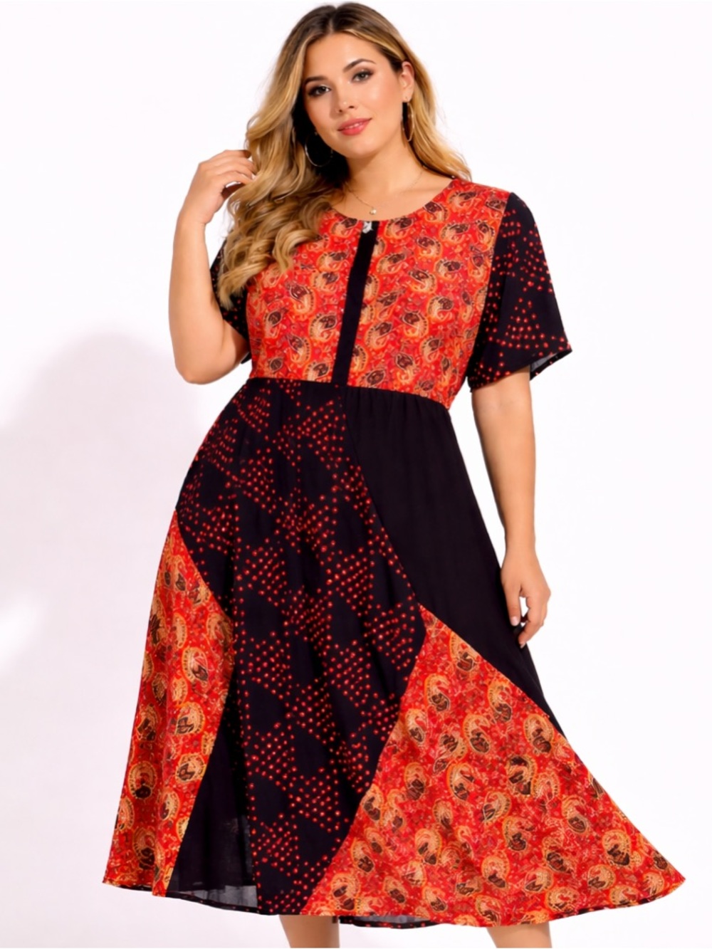 Piper & Scoot Mixed Print Patchwork‎ Boho Midi Dress Short Sleeve Size L